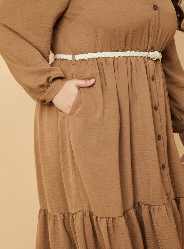 Women Textured A-line Tiered Shirt Dress with Belt