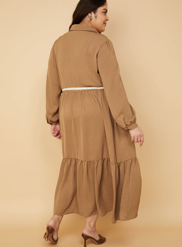 Women Textured A-line Tiered Shirt Dress with Belt