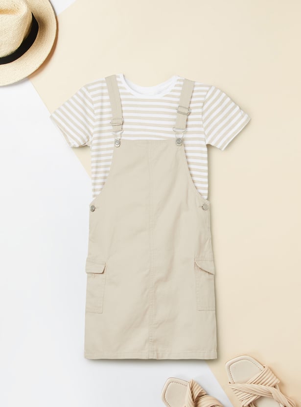 Girls Solid Pinafore Dress with T-shirt