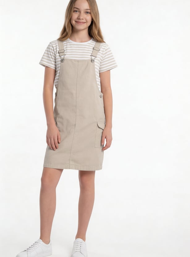 Girls Solid Pinafore Dress with T-shirt