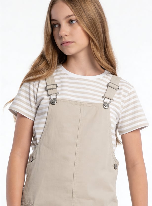 Girls Solid Pinafore Dress with T-shirt