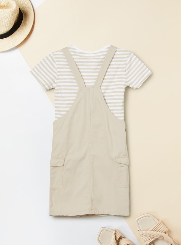Girls Solid Pinafore Dress with T-shirt