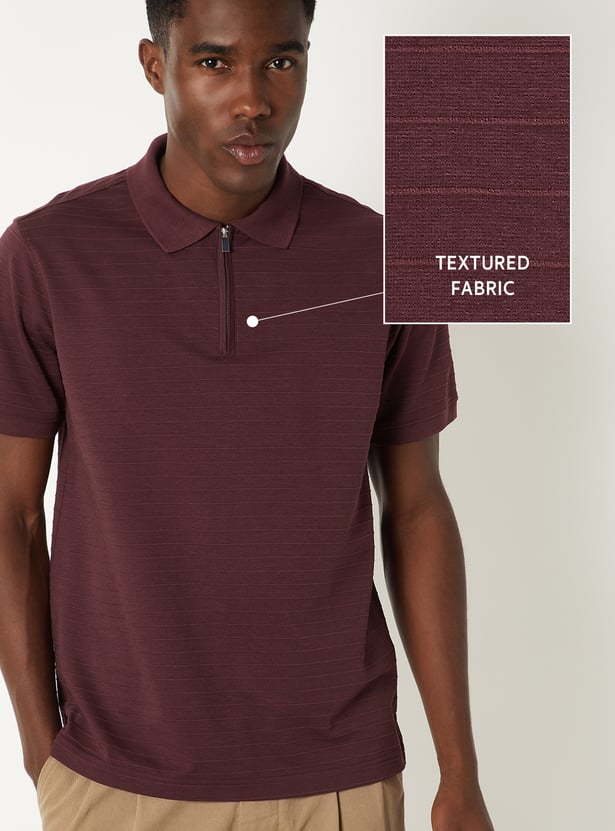 Men Textured Zipper Polo T-shirt