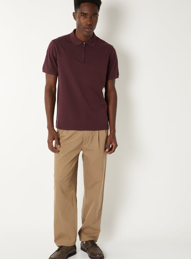Men Textured Zipper Polo T-shirt