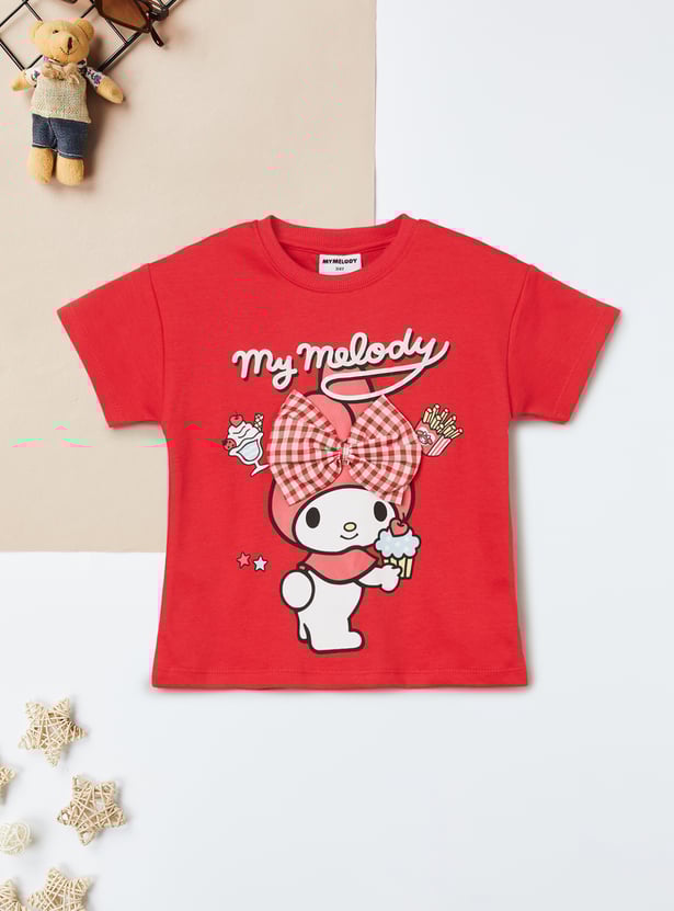 Girls My Melody Print Bow Applique T-shirt