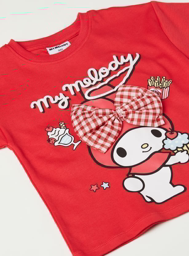 Girls My Melody Print Bow Applique T-shirt
