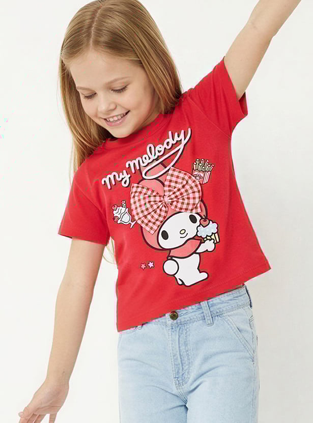 Girls My Melody Print Bow Applique T-shirt