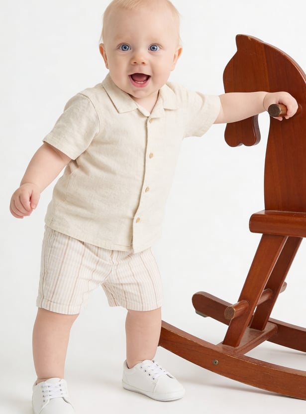 Boys Textured Shirt and Striped Shorts Set