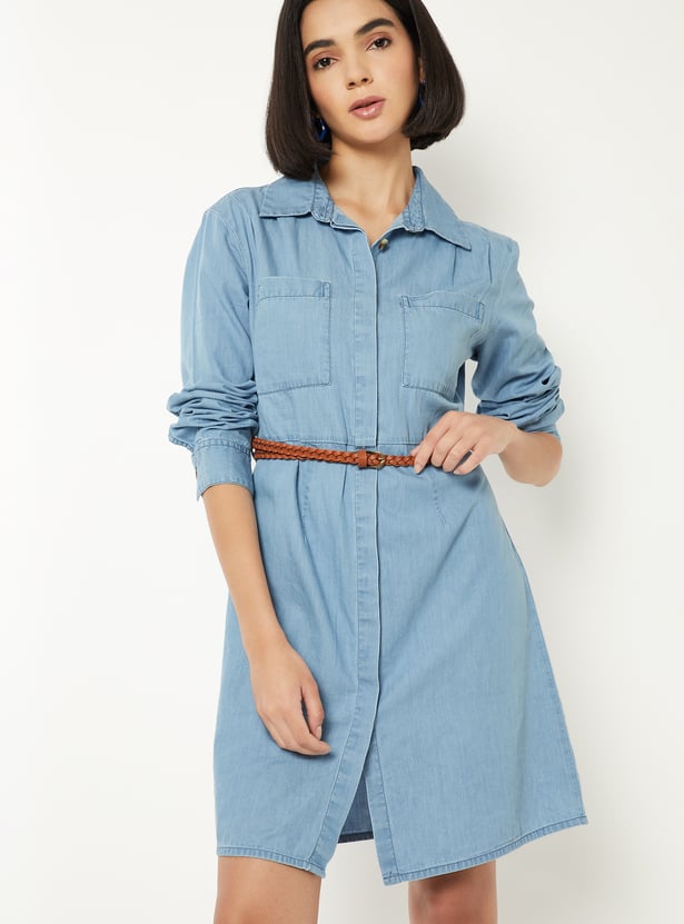 Women Solid Shirt Dress with Belt