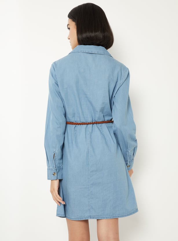 Women Solid Shirt Dress with Belt
