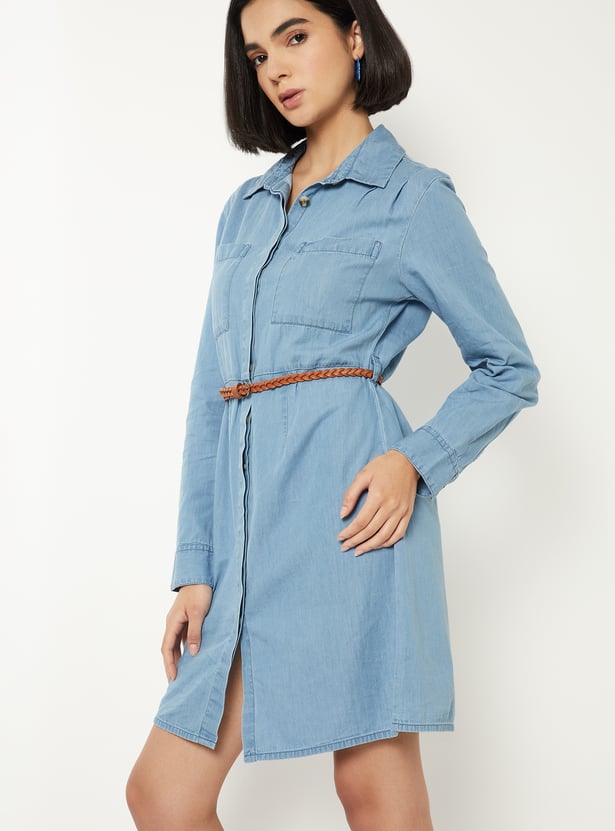 Women Solid Shirt Dress with Belt