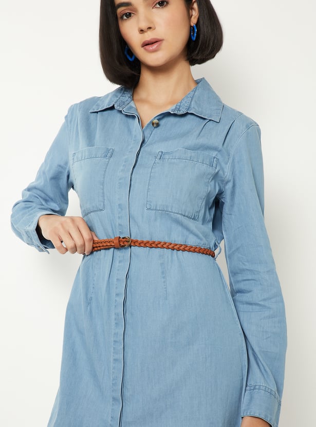 Women Solid Shirt Dress with Belt