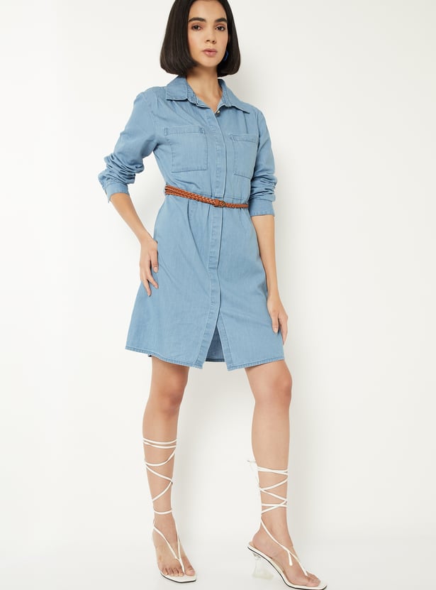 Women Solid Shirt Dress with Belt