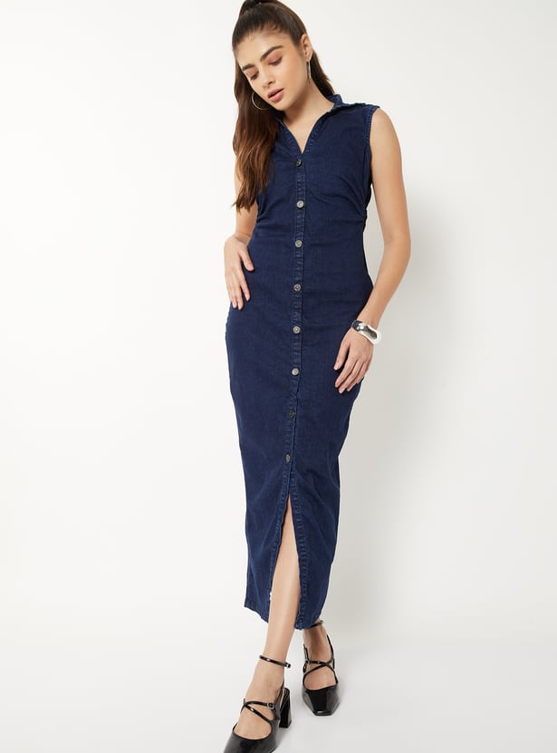 Women Ruched Denim Shirt Dress