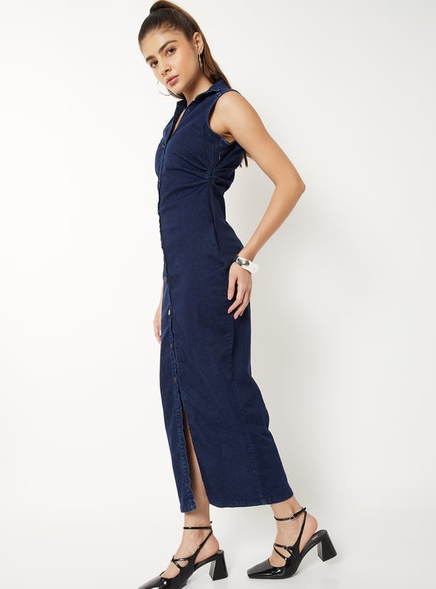 Women Ruched Denim Shirt Dress