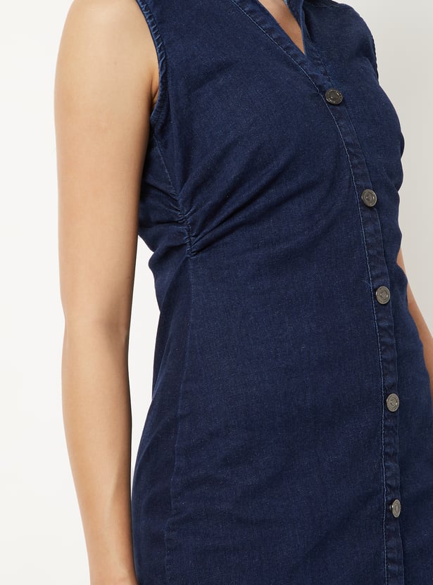 Women Ruched Denim Shirt Dress