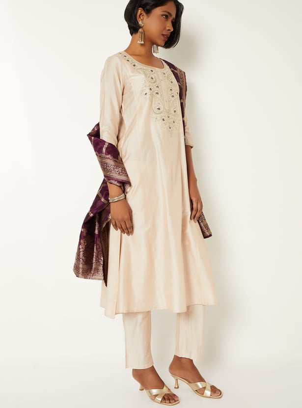 Women Embroidered A-line Kurta Set with Dupatta