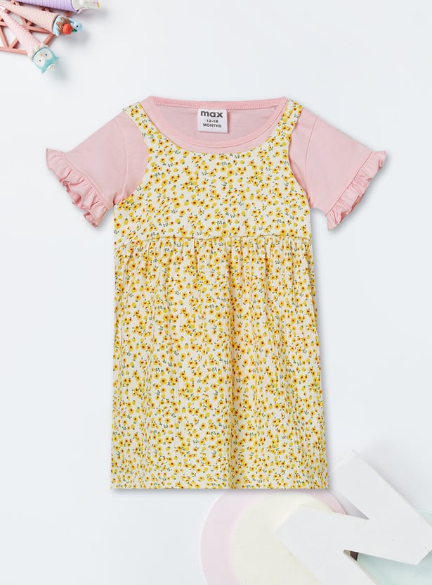 Girls Floral Print Pinafore Dress with Top