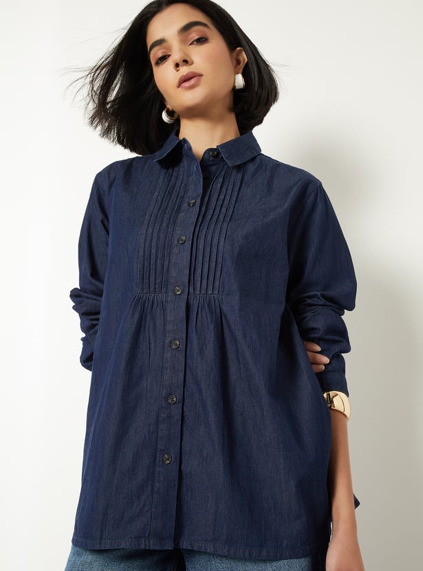 Women Pintuck Denim Shirt