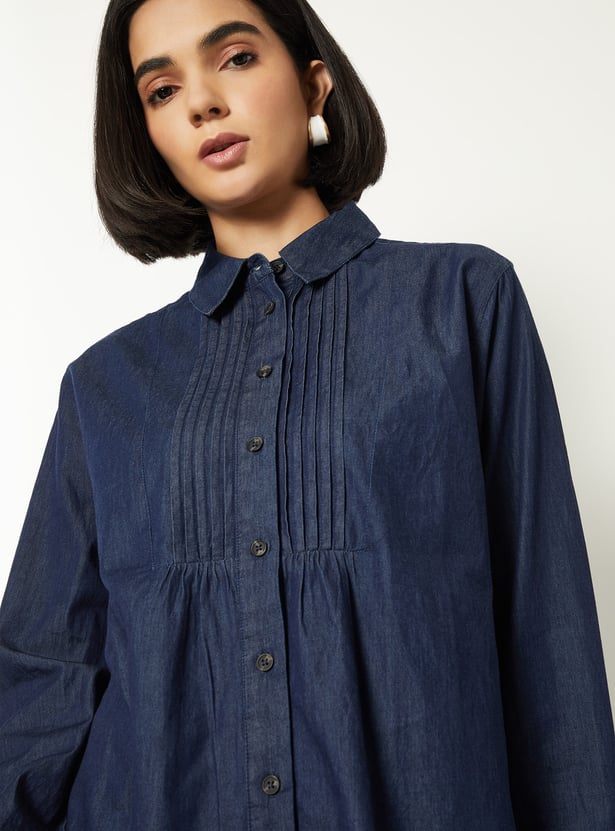 Women Pintuck Denim Shirt