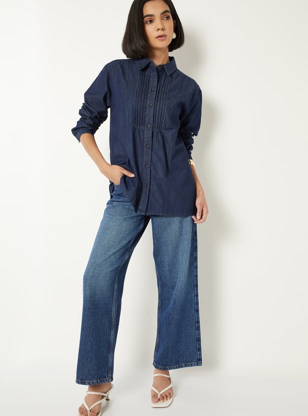 Women Pintuck Denim Shirt