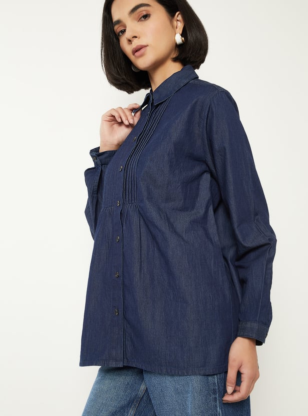 Women Pintuck Denim Shirt