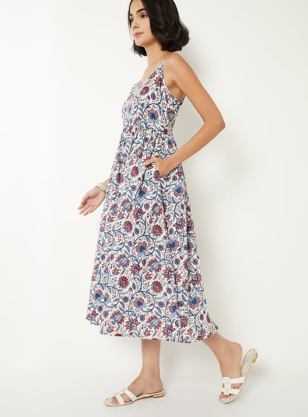 Women Floral Print A-line Midi Dress