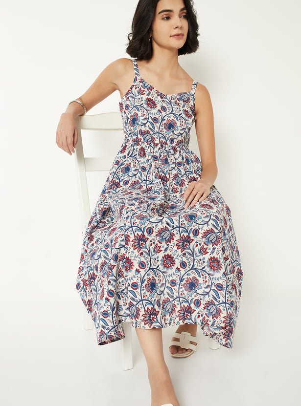 Women Floral Print A-line Midi Dress