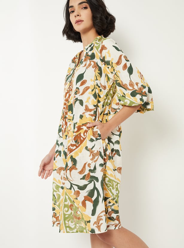 Women Printed A-line Dress with Belt