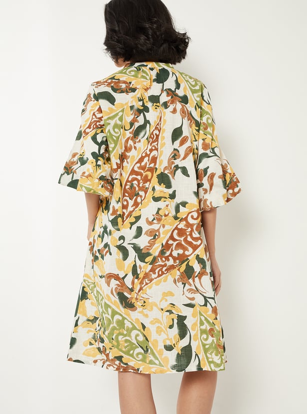 Women Printed A-line Dress with Belt