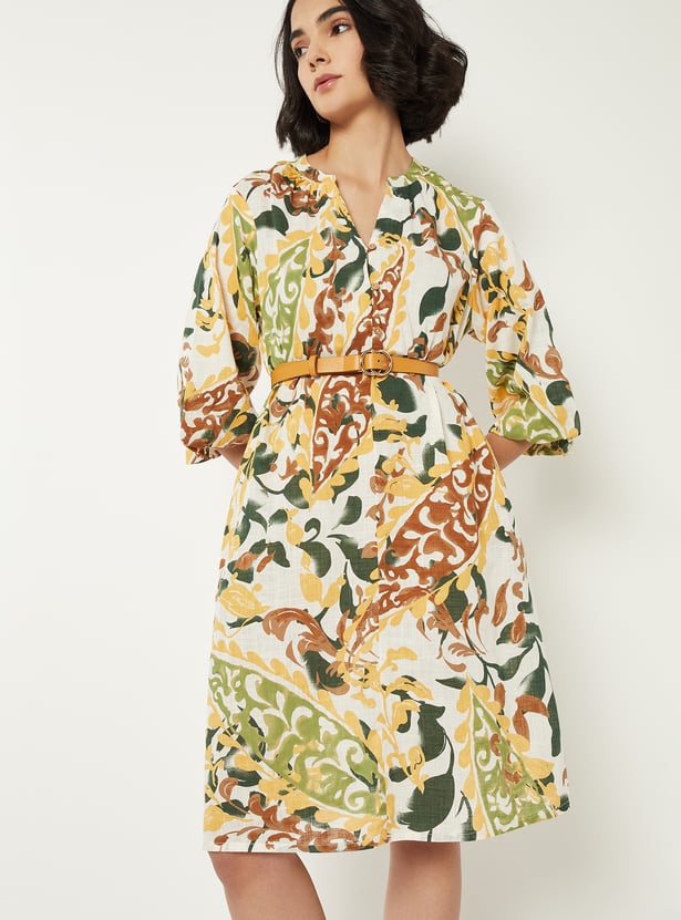 Women Printed A-line Dress with Belt