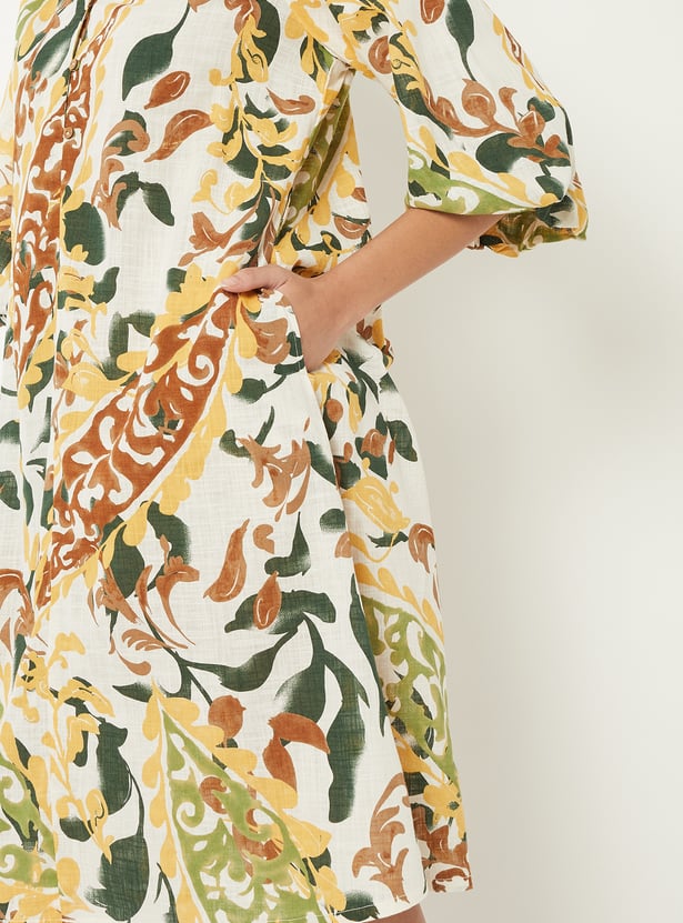 Women Printed A-line Dress with Belt
