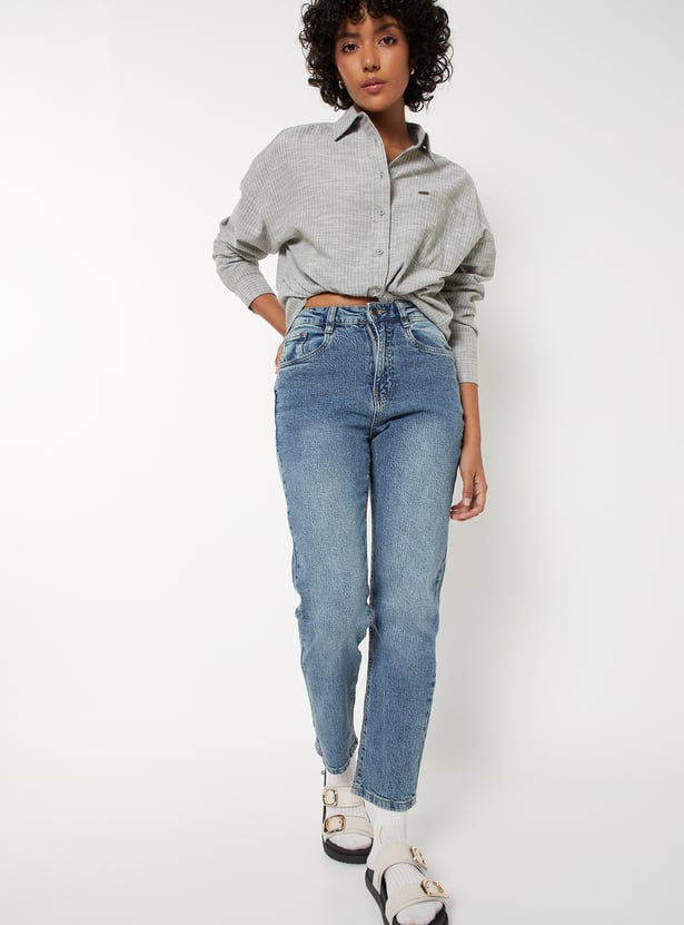 Women Washed Slim Straight Jeans