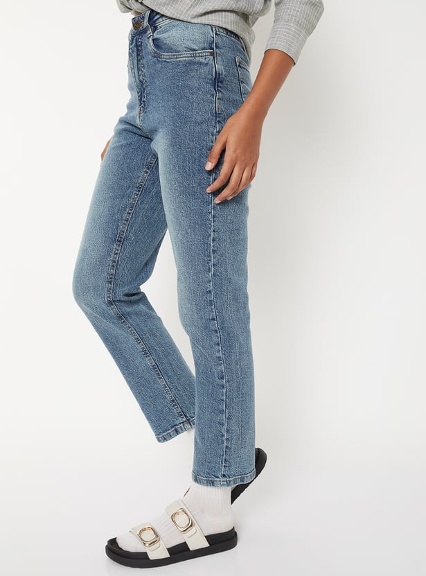 Women Washed Slim Straight Jeans