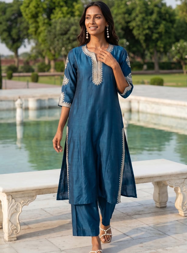 Women Embroidered Straight Kurta Set
