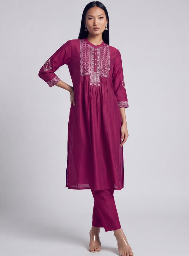 Women Embroidered Straight Kurta Set