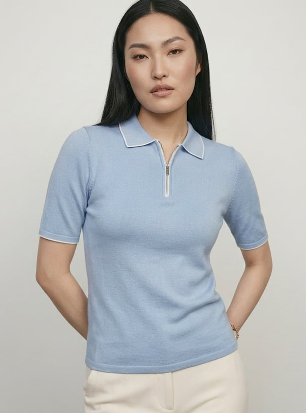 Women Knit Polo T-shirt with Contrast Collar