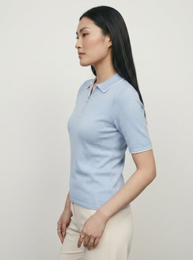 Women Knit Polo T-shirt with Contrast Collar