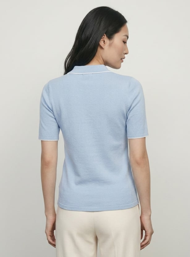 Women Knit Polo T-shirt with Contrast Collar