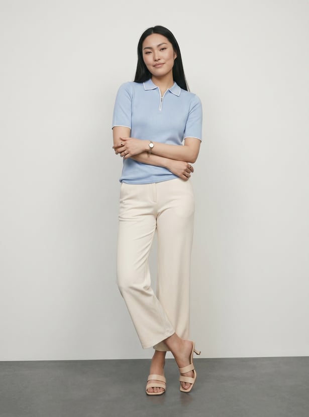 Women Knit Polo T-shirt with Contrast Collar