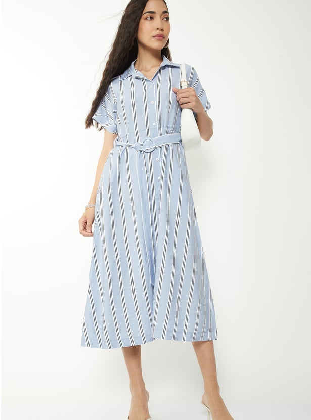 Women Striped Belted Shirt Dress
