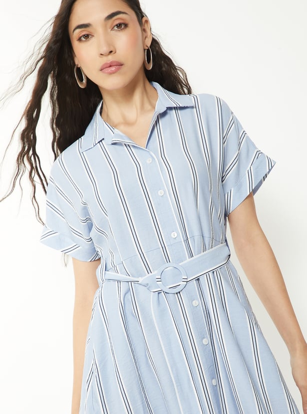 Women Striped Belted Shirt Dress