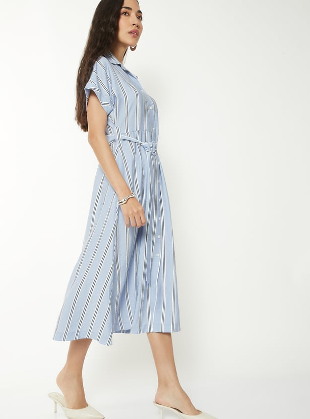 Women Striped Belted Shirt Dress