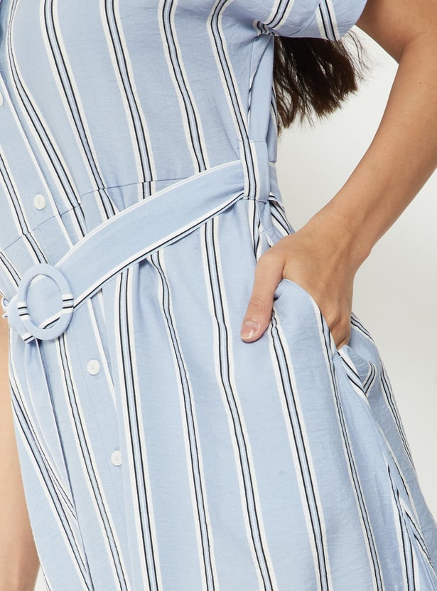 Women Striped Belted Shirt Dress