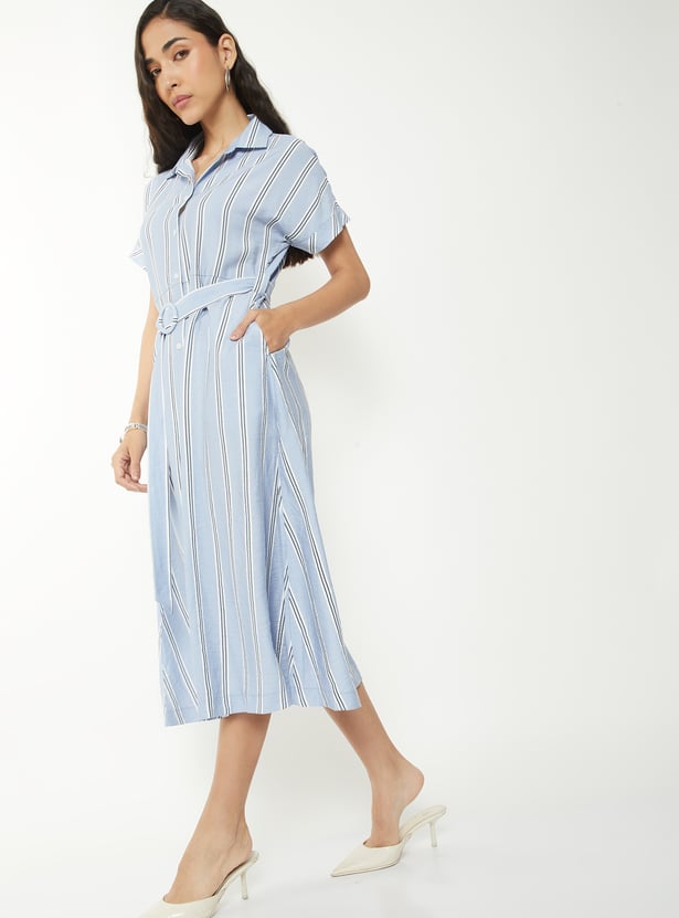 Women Striped Belted Shirt Dress