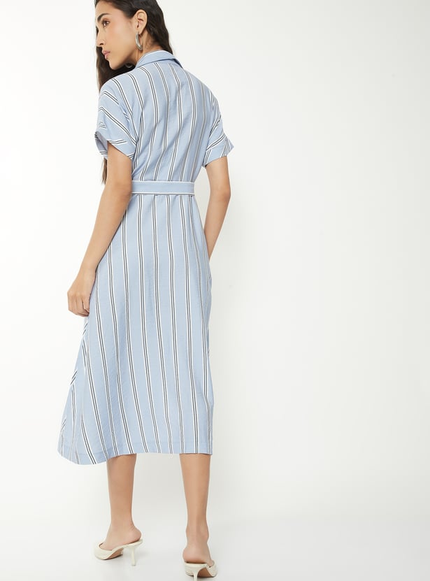 Women Striped Belted Shirt Dress