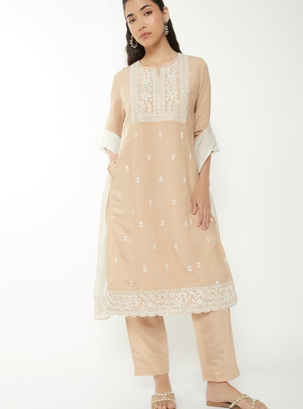 Women Embroidered Straight Kurta Set