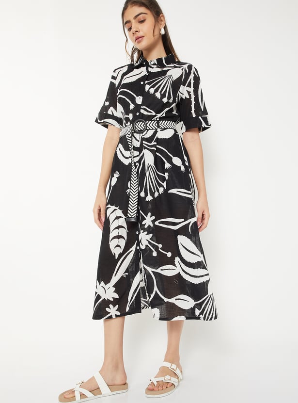Women Printed Shirt Dress with Belt