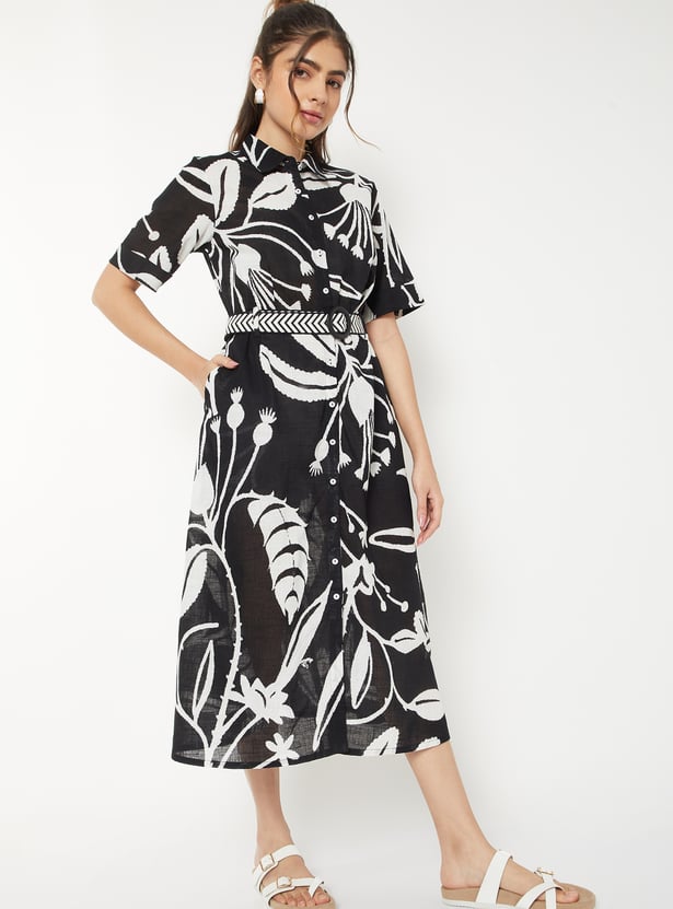Women Printed Shirt Dress with Belt
