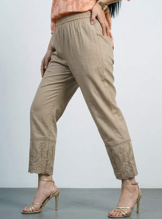 Women Embroidered Hem Straight Pants